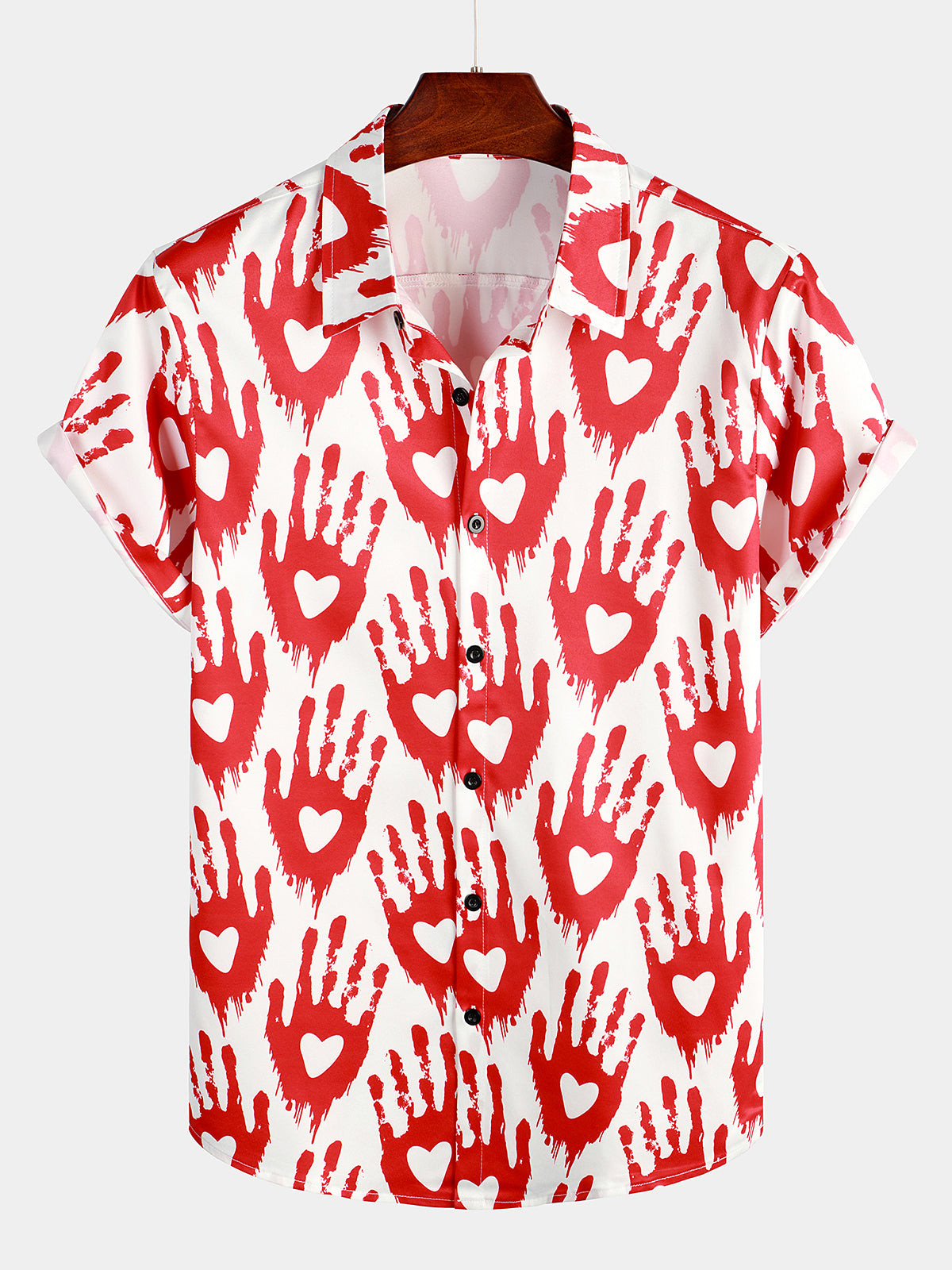 Mens Red Heart Handprint Button Short Sleeve Shirt Hawaiian Shirt for Men Women