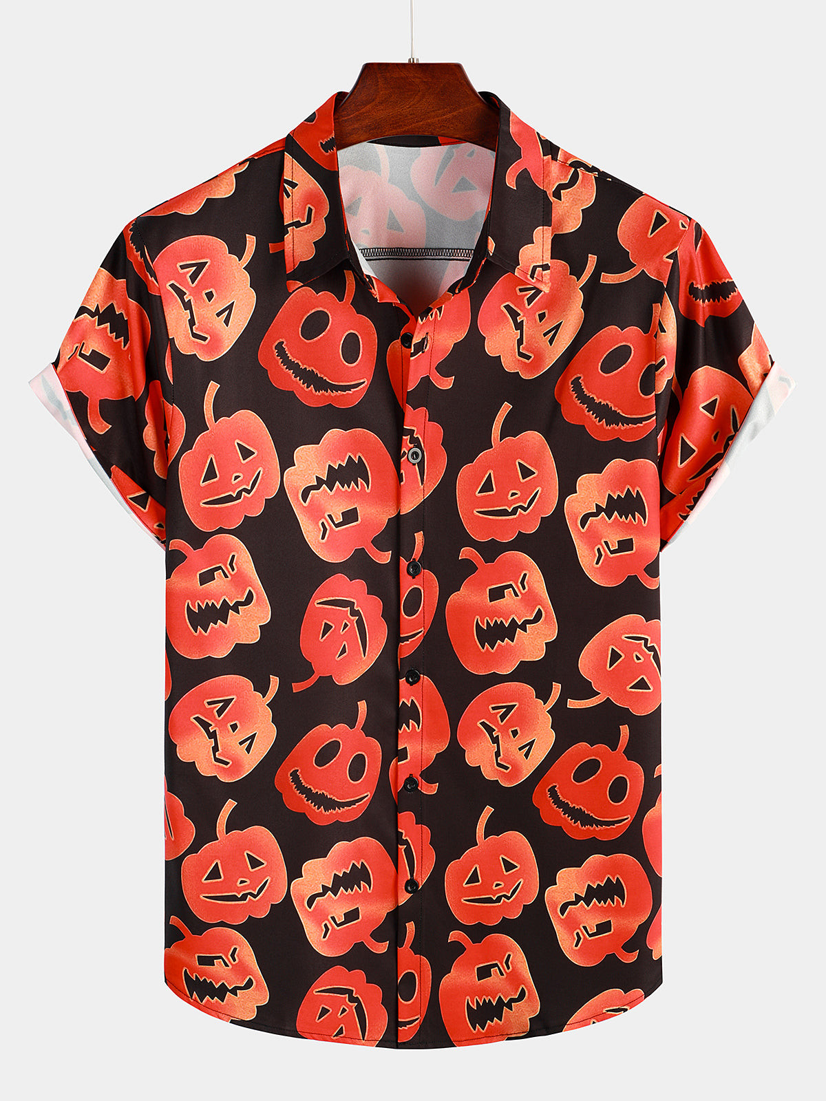 Mens Button Halloween Pumpkin Print Short Sleeve Shirt Hawaiian Shirt for Men Women