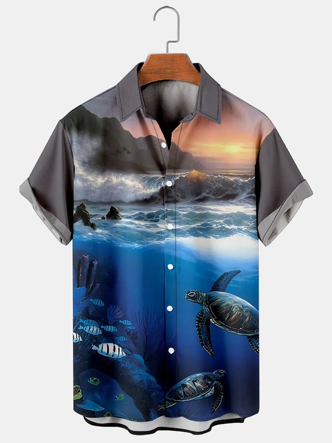 Mens Turtle Print  Blue Vintage Hawaiian Short Sleeve Shirt