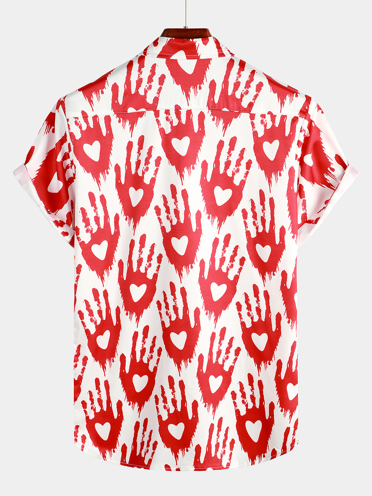 Mens Red Heart Handprint Button Short Sleeve Shirt Hawaiian Shirt for Men Women