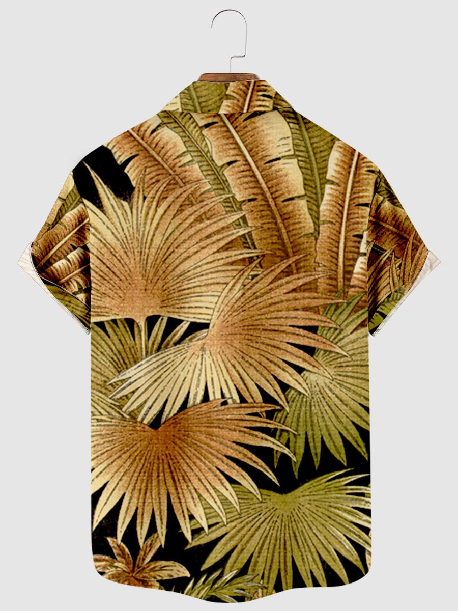 Mens Palm Leaf Print Lapel Casual Loose Short Sleeve Hawaiian Shirt