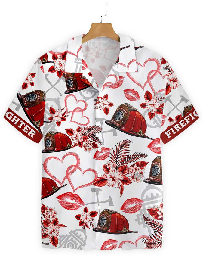 Mens Love Firefighter Helmet Pink Heart Red Floral Valentine Hawaiian Shirt