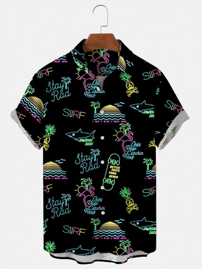 Mens Hawaiian Shirt Casual Button Up Short Sleeve Black Flamingo Beach Shirts  Tops