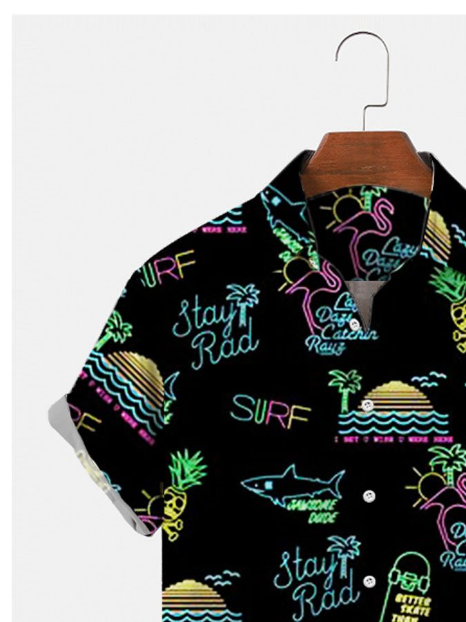 Mens Hawaiian Shirt Casual Button Up Short Sleeve Black Flamingo Beach Shirts  Tops