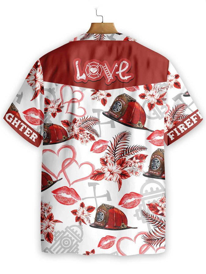 Mens Love Firefighter Helmet Pink Heart Red Floral Valentine Hawaiian Shirt