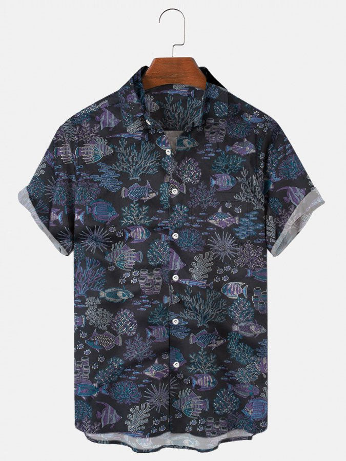 Mens Hawaiian Shirt Casual Tropical Fish Black Cotton-Blend Holiday Aloha Beach Shirts