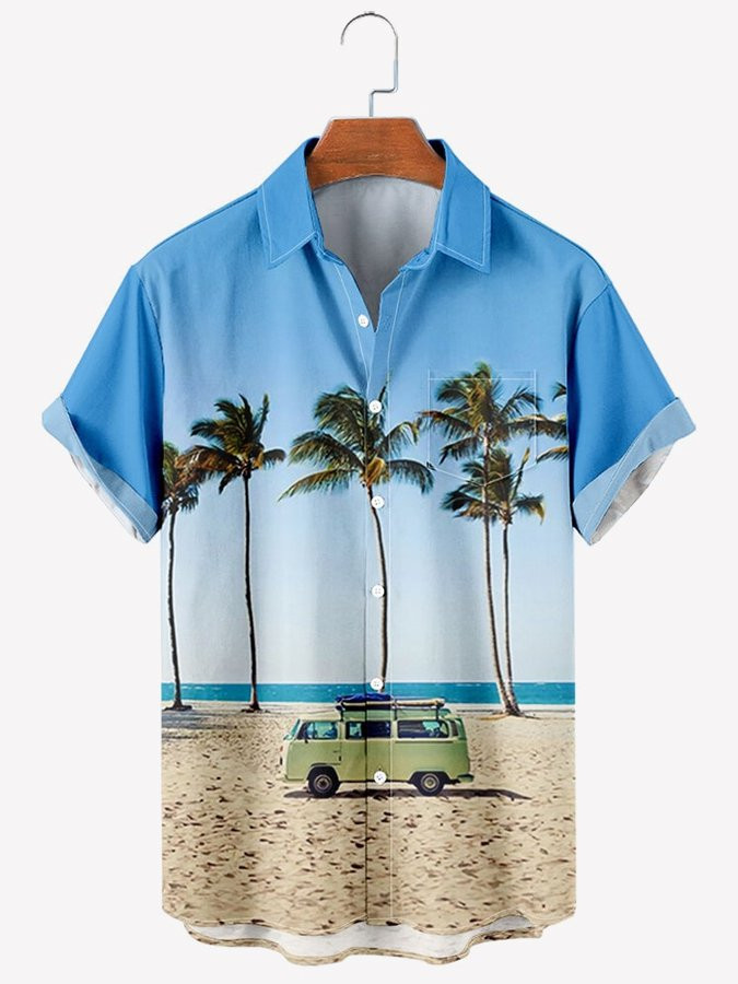 Mens Vintage Hawaiian Shirt Casual Resort Beach Coconut Tree Print Cotton Blend Shirt