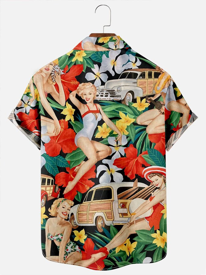 Mens Retro Hawaiian Shirts Floral Girls Print Casual Short Sleeve Hawaiian Shirts