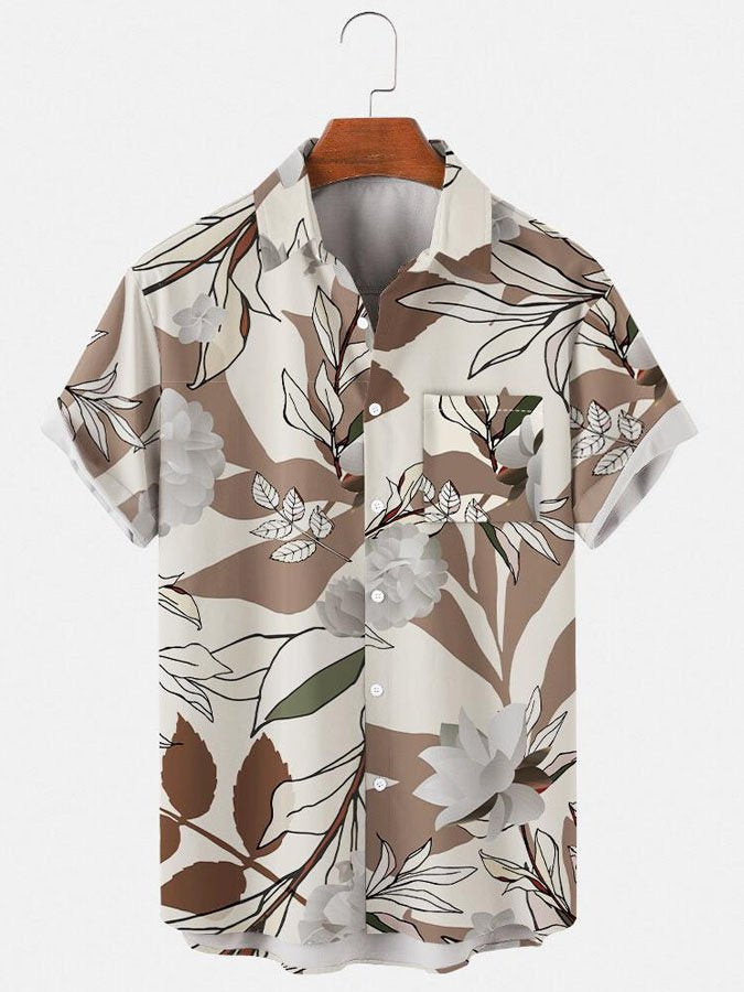 Mens Vintage Floral Print Lapel Casual Short Sleeve Hawaiian Shirt