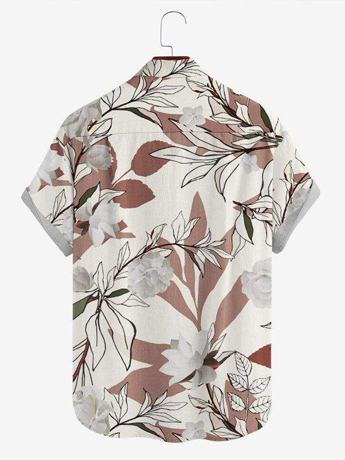 Mens Vintage Floral Print Lapel Casual Short Sleeve Hawaiian Shirt