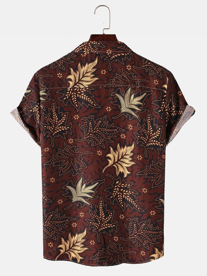 Mens Tropical Plant Leaf Print Short Sleeve Cotton Blend Hawaiian Shirt