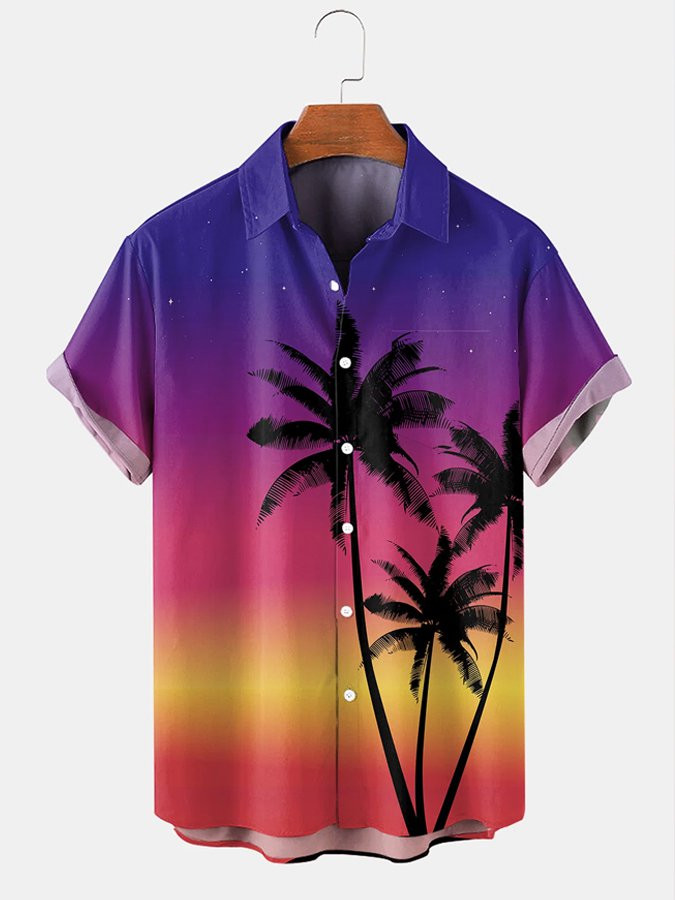 Mens Vintage Hawaiian Shirt Casual Coconut Purple Cotton Blend Short Sleeve Shirt