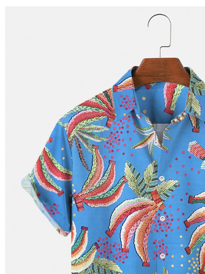 Mens Hawaiian Shirt Casual Button Up Short Sleeve Blue Holiday Banana Fruits Shirts  Tops