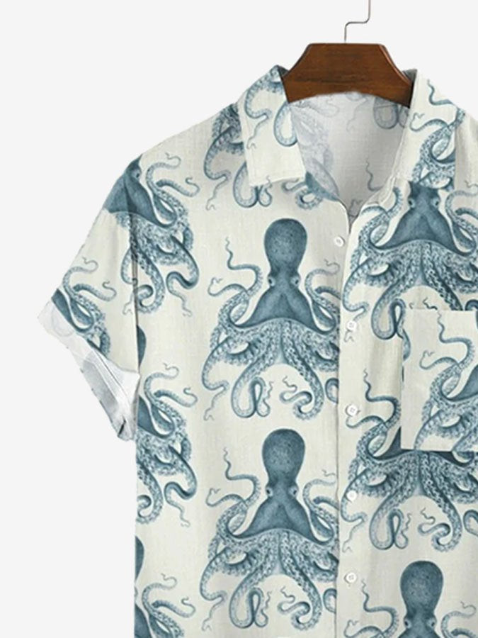 Mens Casual Octopus Print Cotton Blend Short Sleeve Hawaiian Shirt