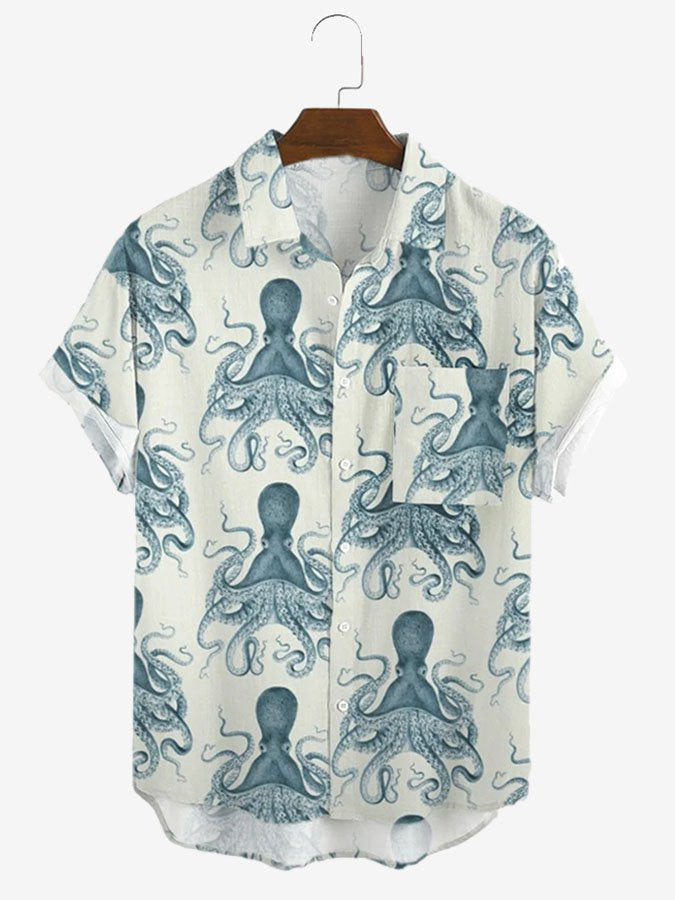 Mens Casual Octopus Print Cotton Blend Short Sleeve Hawaiian Shirt