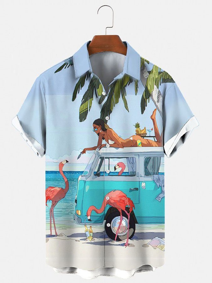 Mens Hawaiian Shirt Blue Flamingo Cotton-Blend Beach Car Shirts  Tops