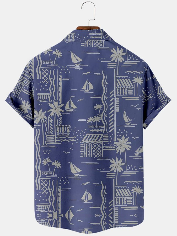 Mens Casual Palm Tree Wave Print Short-Sleeve Shirt Hawaiian Shirt for Men Women