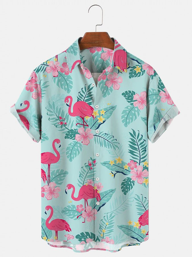 Mens Hawaiian Shirt Aqua Blue Cotton-Blend Flamingo Holiday Series Shirts  Tops