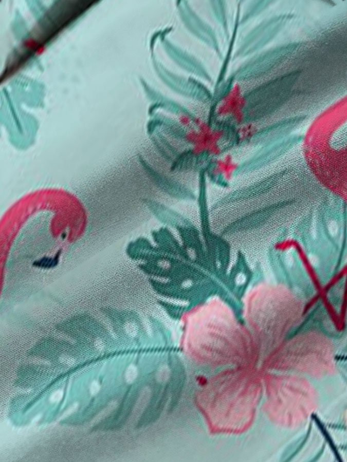 Mens Hawaiian Shirt Aqua Blue Cotton-Blend Flamingo Holiday Series Shirts  Tops