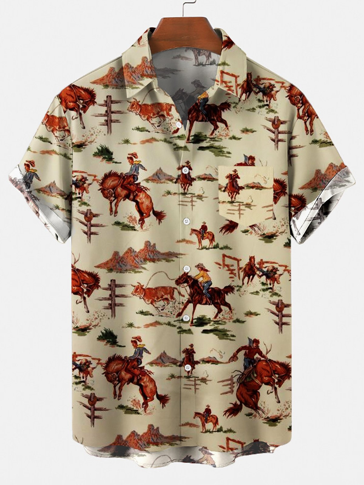 Mens Retro Cowboy Pocket Equestrian Casual Loose Comfortable Shirt Hawaiian Shirt for Men Women