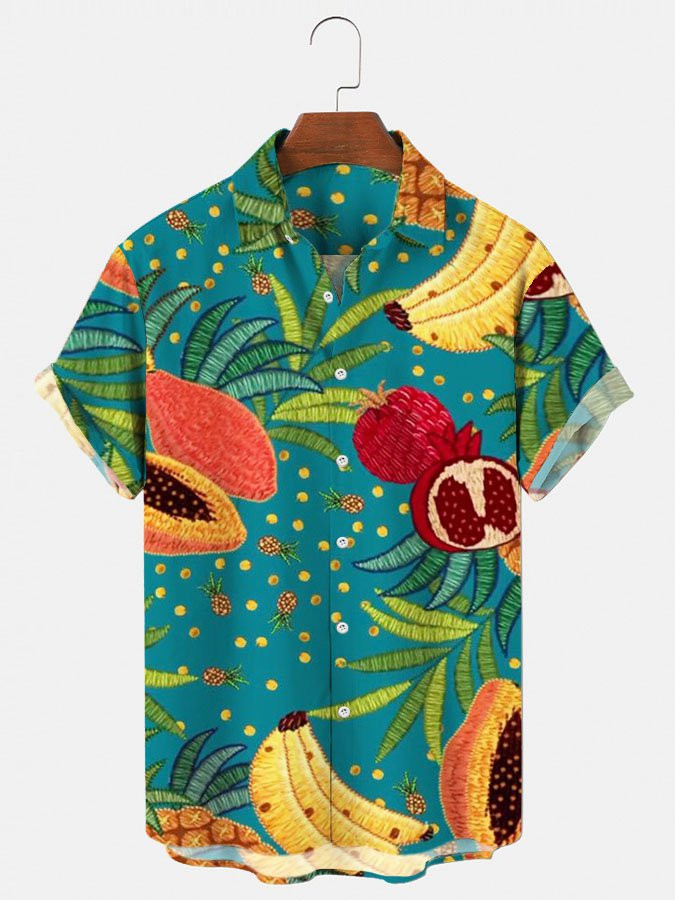 Mens Tropical Fruit Print Vintage Hawaiian Shirt Beach Holiday Tops