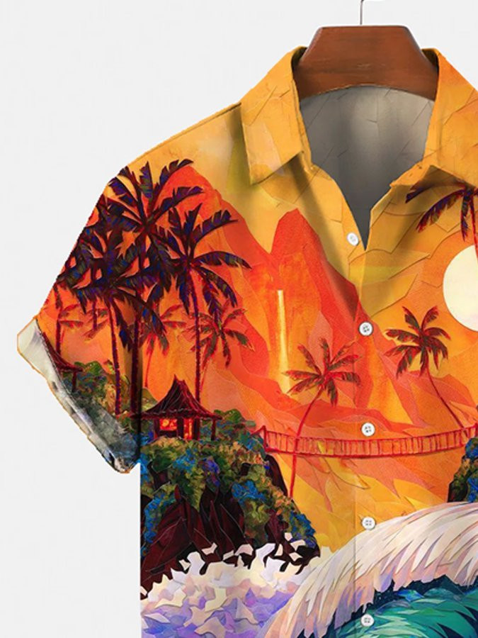 Mens Vintage Hawaiian Shirt Casual Vacation Beach Landscape Coconut Tree Print Cotton Blend Shirt