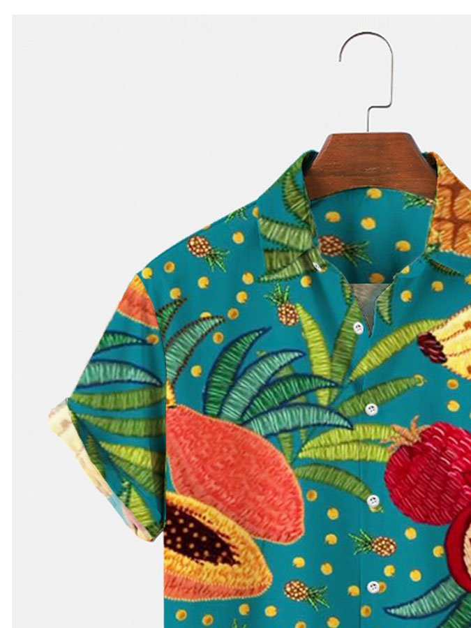 Mens Tropical Fruit Print Vintage Hawaiian Shirt Beach Holiday Tops