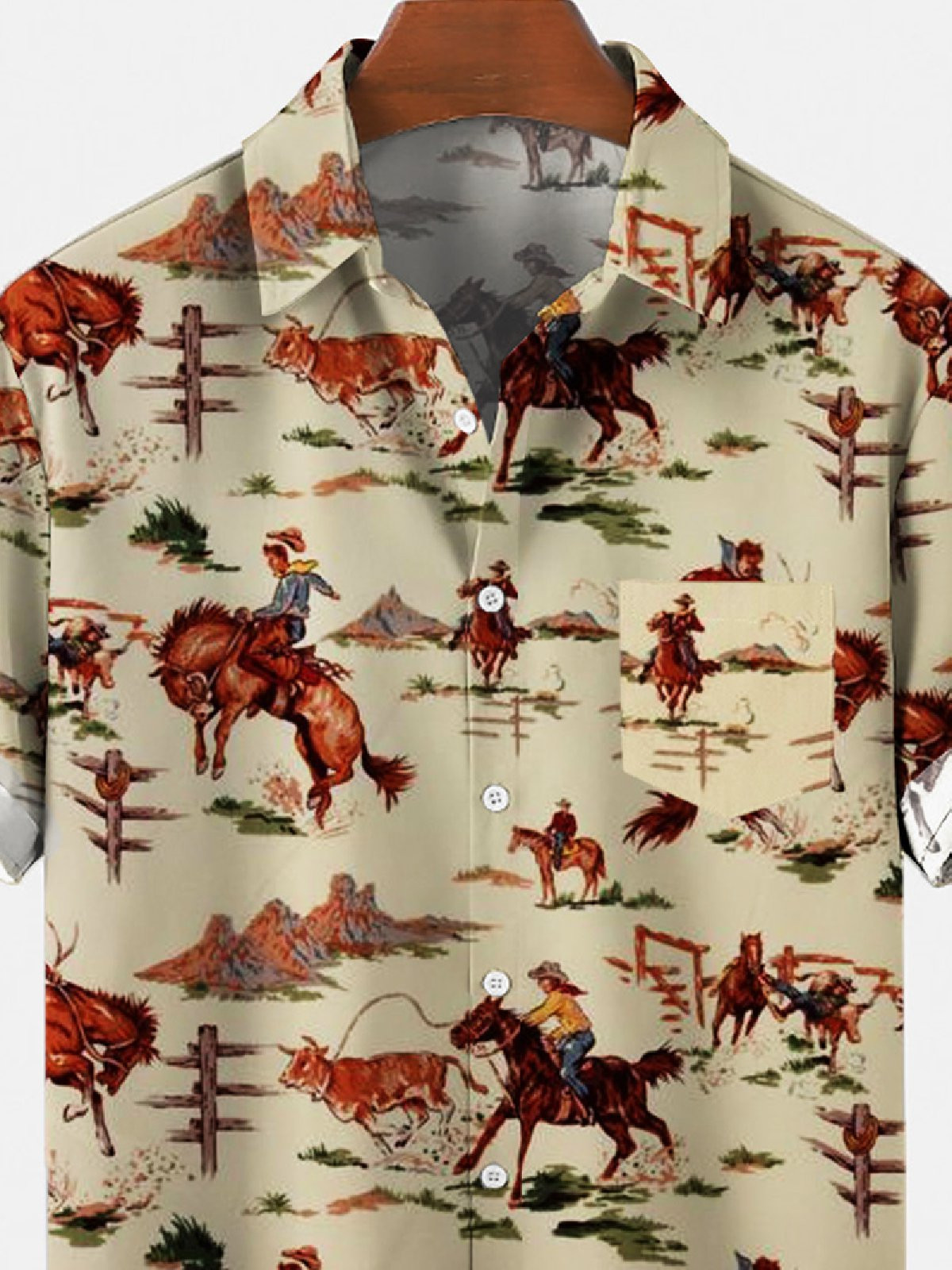 Mens Retro Cowboy Pocket Equestrian Casual Loose Comfortable Shirt Hawaiian Shirt for Men Women