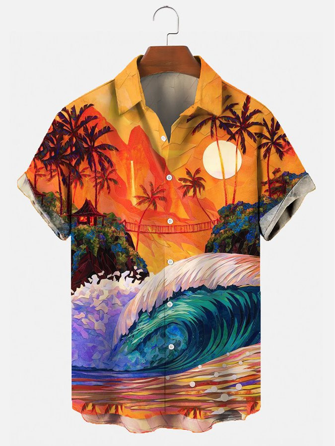 Mens Vintage Hawaiian Shirt Casual Vacation Beach Landscape Coconut Tree Print Cotton Blend Shirt