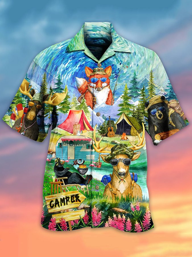 Mens Animal Camping Happy Short Sleeve Hawaiian Shirt