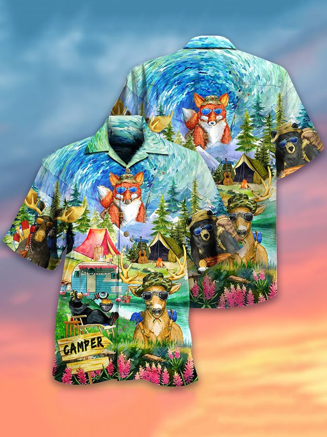 Mens Animal Camping Happy Short Sleeve Hawaiian Shirt