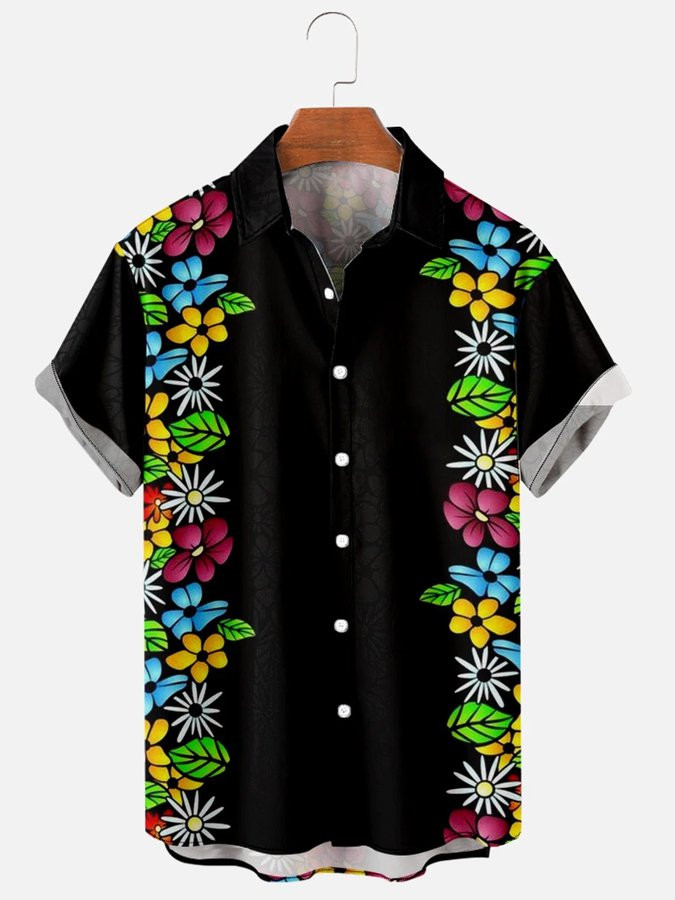 Mens Vintage Hawaiian Shirt Holiday Floral Black Cotton Blend Short Sleeve Shirt