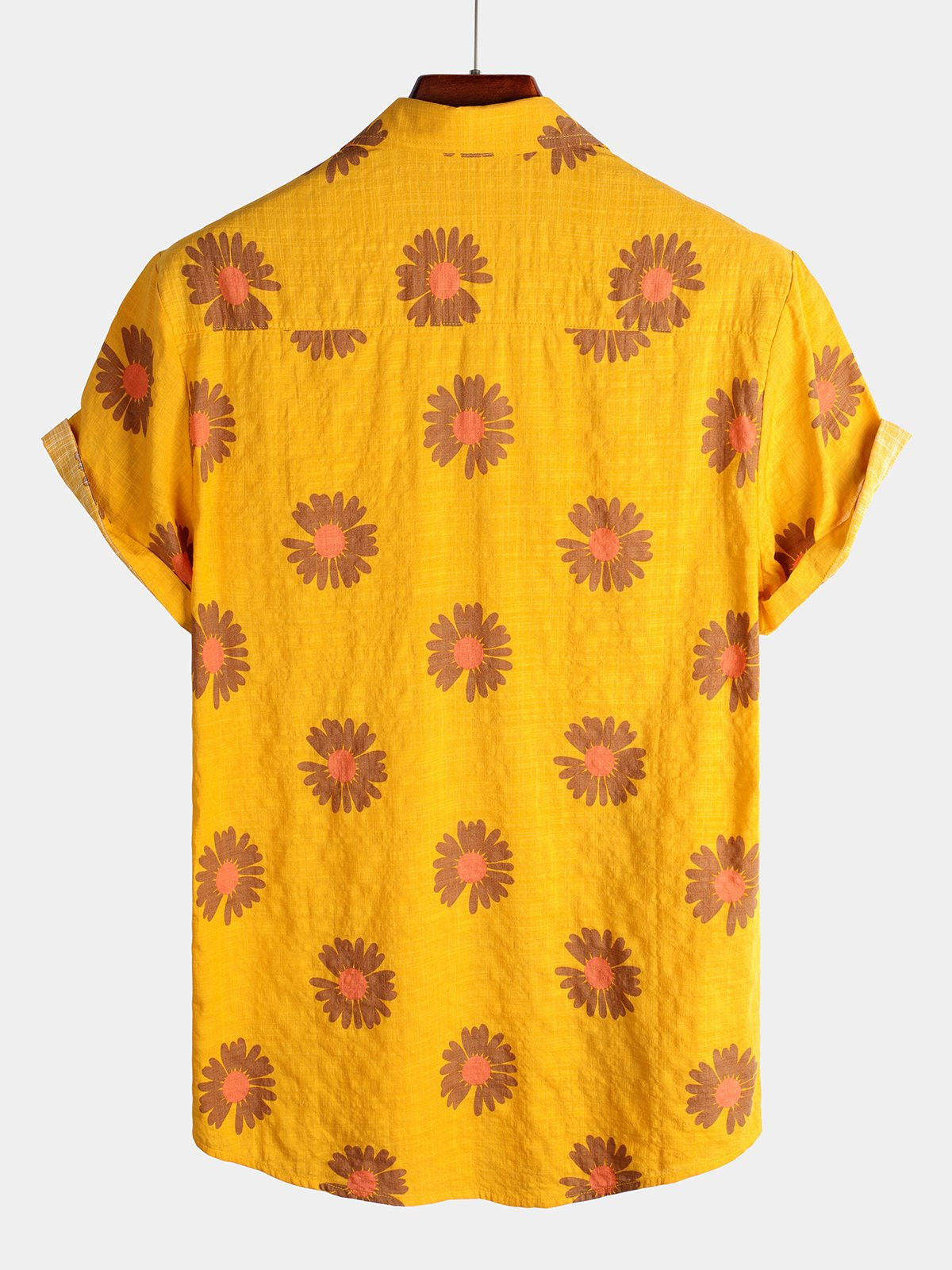 Mens Daisy Print Hawaiian Cotton Yellow Shirt