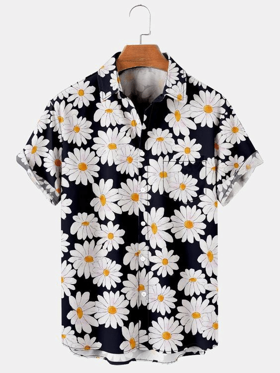 Mens Hawaiian Shirt Black Daisy Floral Vintage Series Shirts  Tops