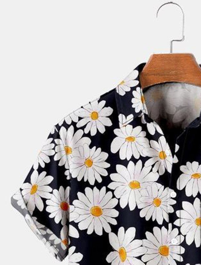 Mens Hawaiian Shirt Black Daisy Floral Vintage Series Shirts  Tops