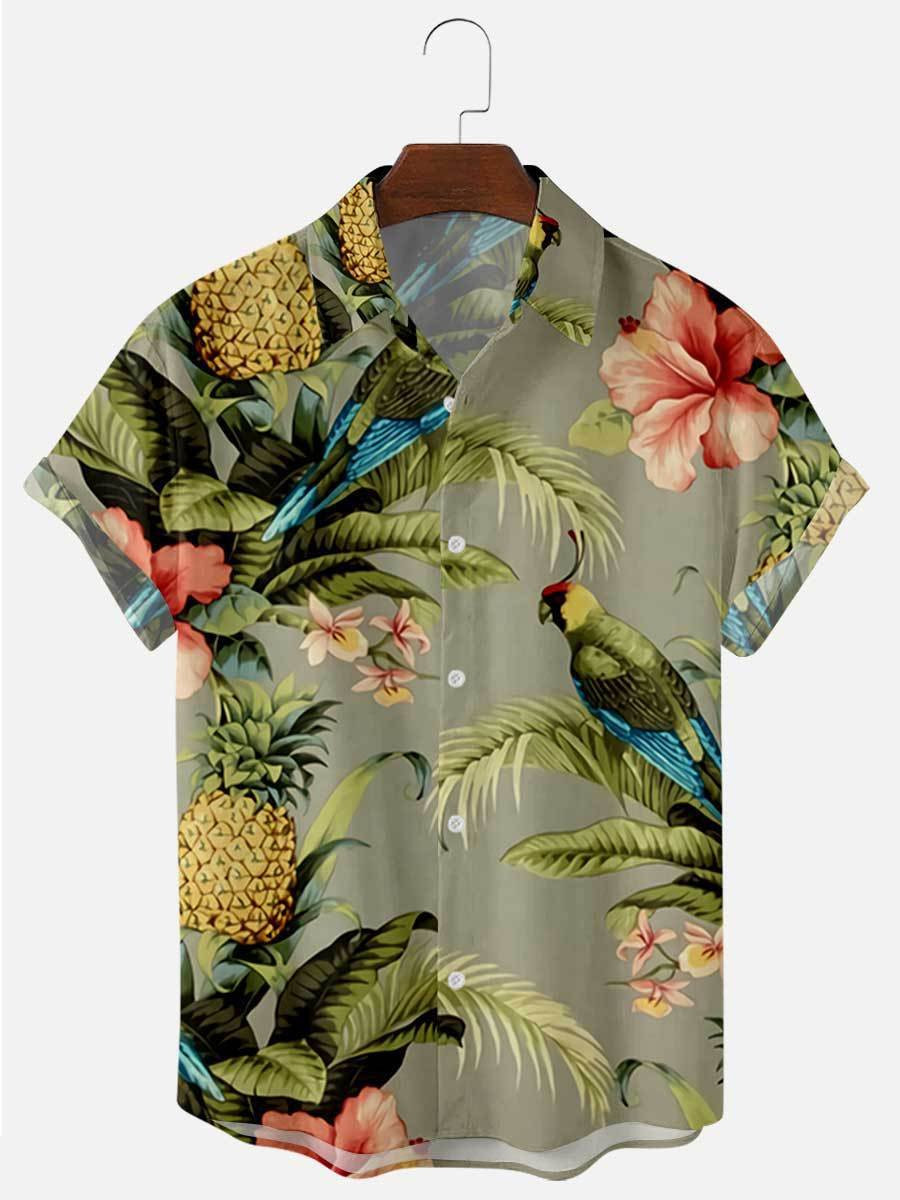 Mens Tropical Parrots Floral Print Vintage Hawaiian Shirt