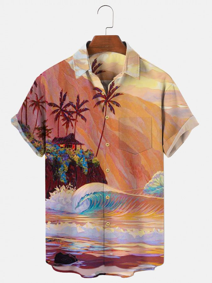 Mens Orange 50s Retro Beach Printing Quick Dry Hawaii Camp Shirts Hawaiian Shirt for Men Women