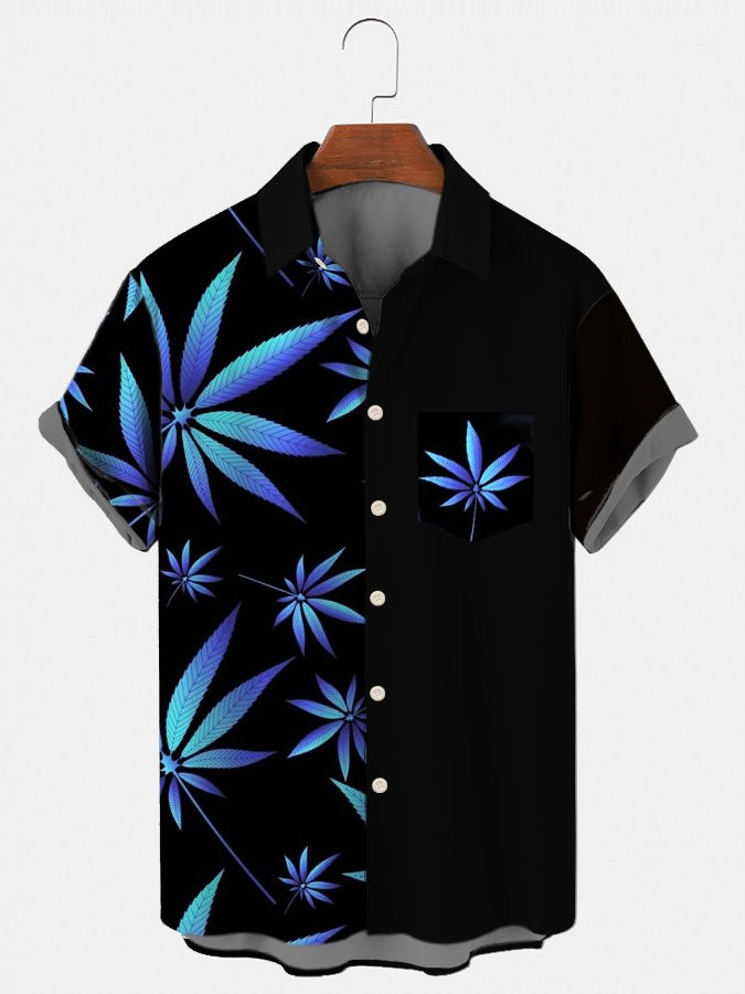 Mens Hawaiian Shirt Blue Printed Casual Cotton-Blend Shirts  Tops