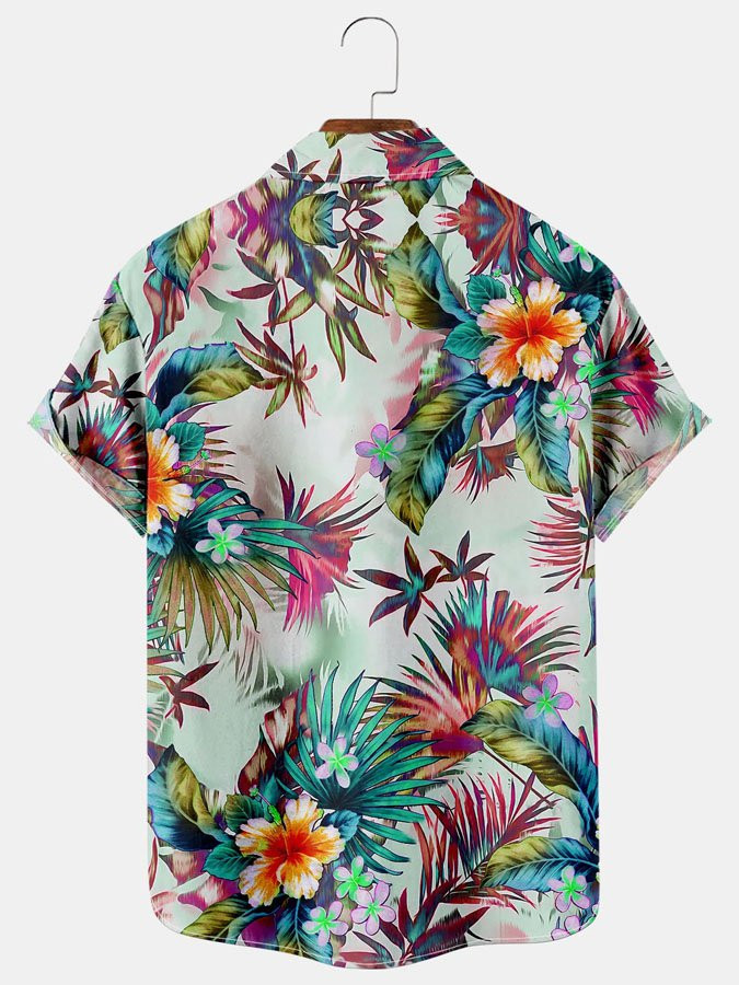 Mens Tropical Plant Floral Print Vintage Short Sleeve Hawaiian Shirt