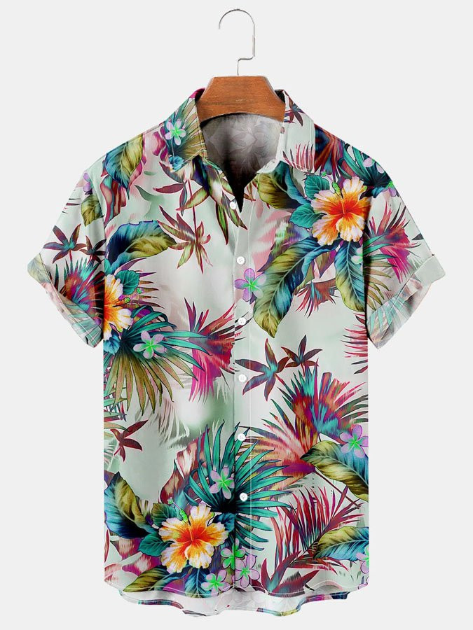 Mens Tropical Plant Floral Print Vintage Short Sleeve Hawaiian Shirt