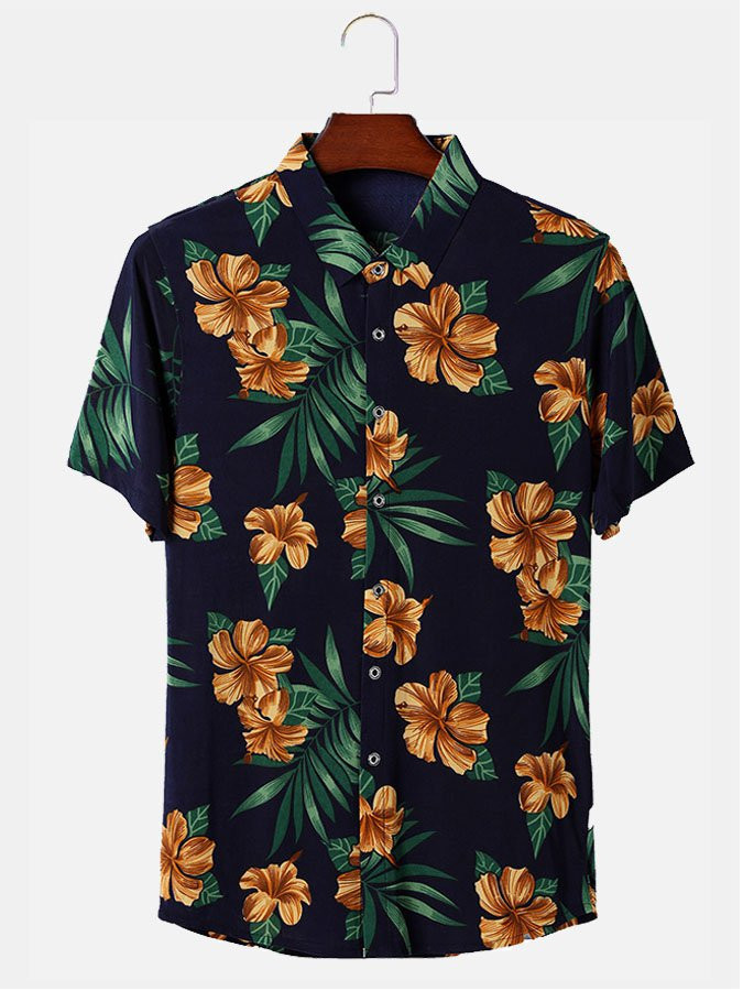 Mens Vintage Tropical Floral Print Cotton Short Sleeve Hawaiian Shirt