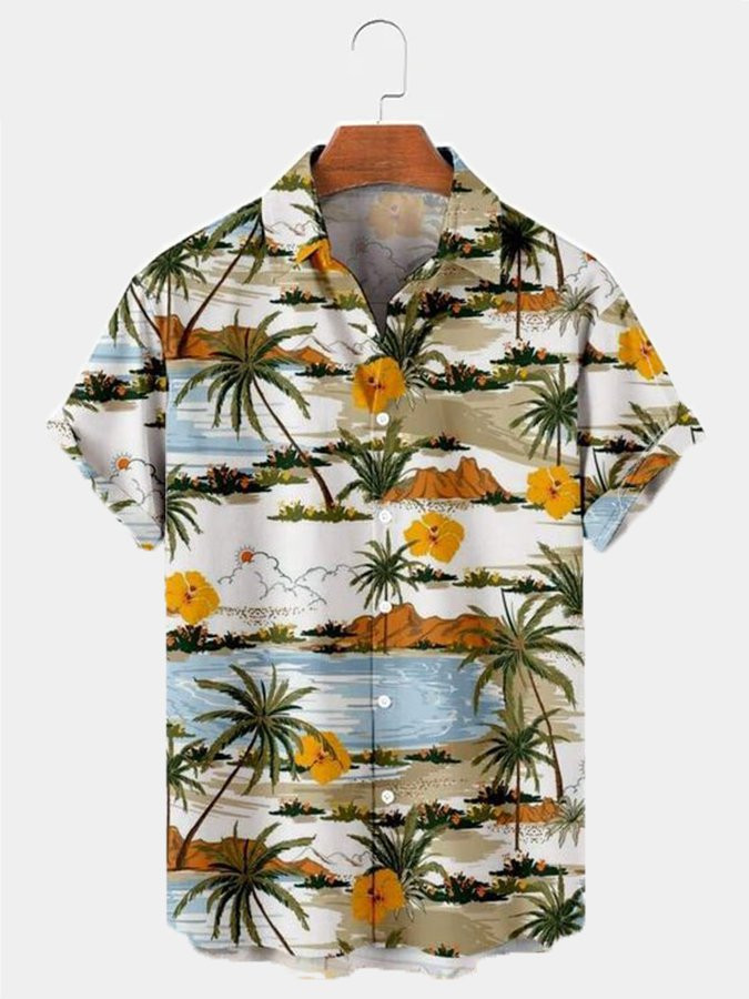 Green Cotton-Blend Printed Holiday Series Plant Shirts  Tops Hawaiian Shirt for Men Women