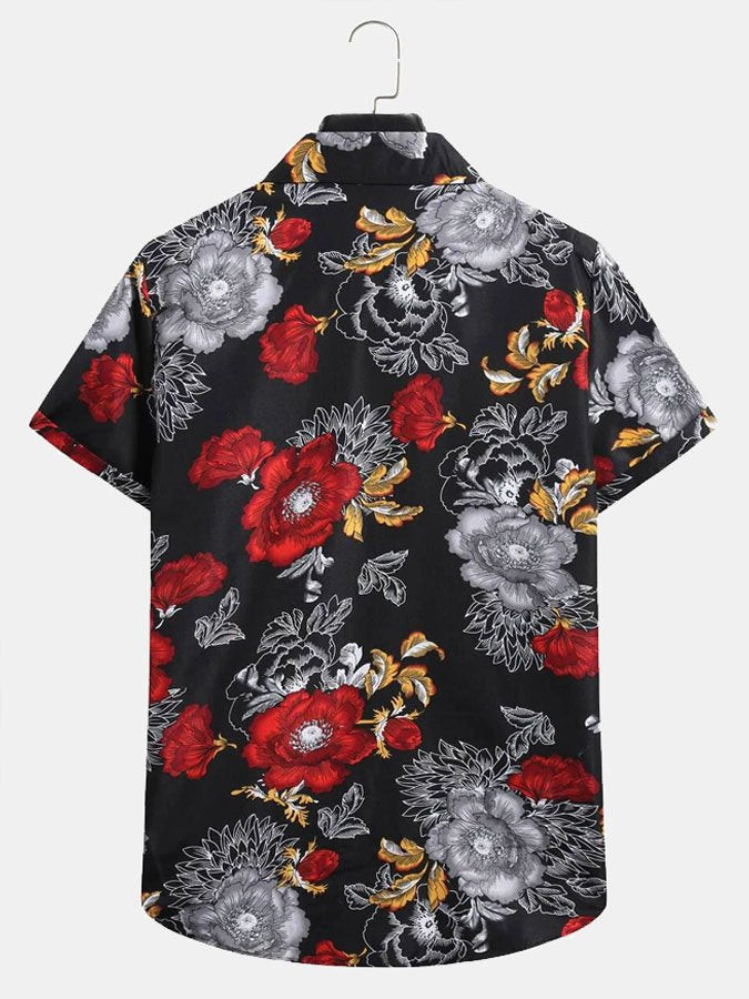 Mens Vintage Peony Print Short Sleeve Hawaiian Shirt