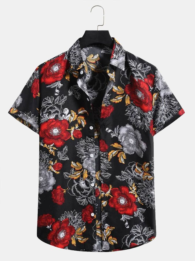 Mens Vintage Peony Print Short Sleeve Hawaiian Shirt