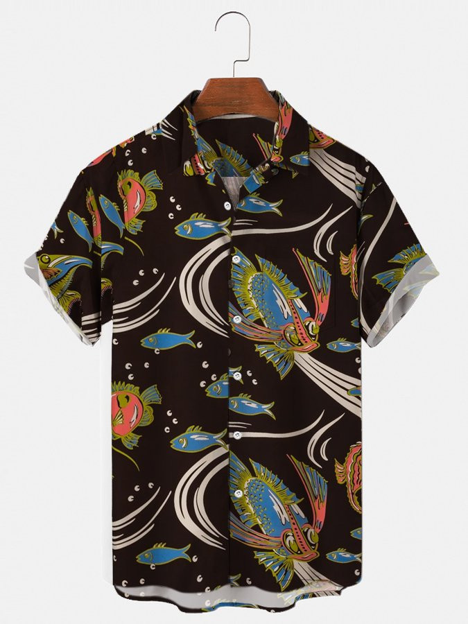 Mens Hawaiian Shirt Fish Casual Aloha Beach Black Plant Cotton-Blend Shirts