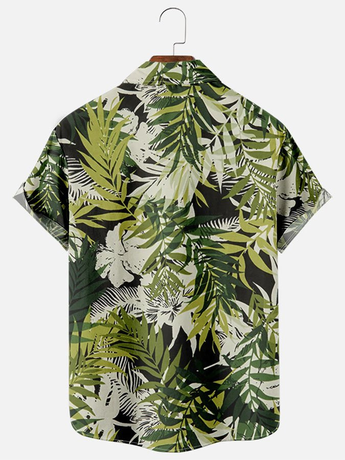 Mens Tropical Leaves Print Casual Breathable Chest Pocket Short Sleeve Hawaiian Shirts