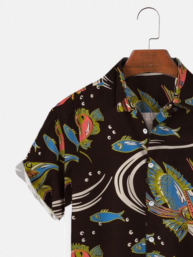 Mens Hawaiian Shirt Fish Casual Aloha Beach Black Plant Cotton-Blend Shirts