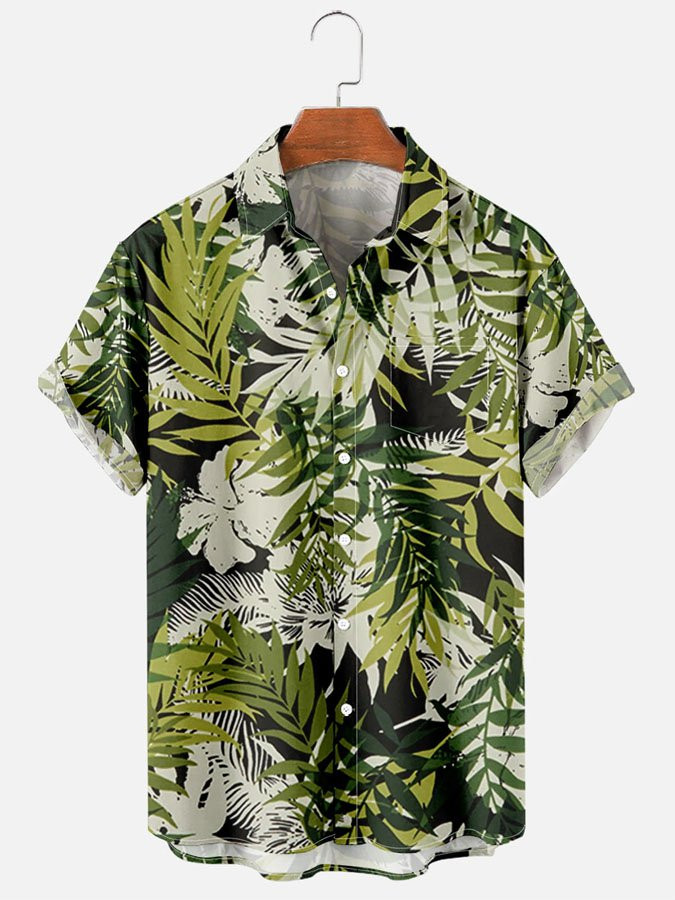 Mens Tropical Leaves Print Casual Breathable Chest Pocket Short Sleeve Hawaiian Shirts