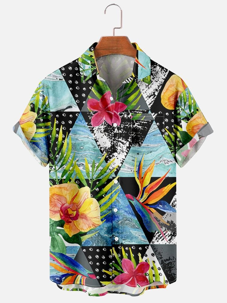 Mens Hawaiian Shirt Green Vintage Series Cotton-Blend Floral Shirts  Tops