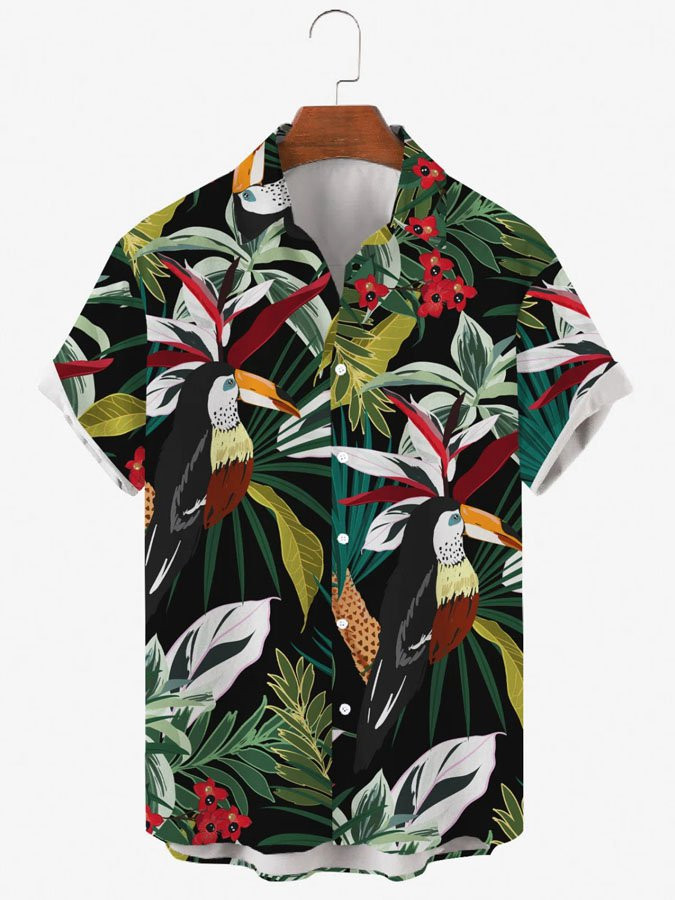 Mens Hawaiian Shirt Tropical Parrot Print Round Hem Loose Short Sleeve Shirt